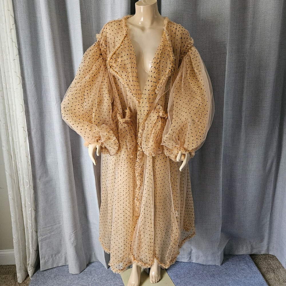 Fancy Dream Peach Tulle Polka Dot Sheer Ruffle Puff Sleeve Duster Robe OS - Picture 2 of 11